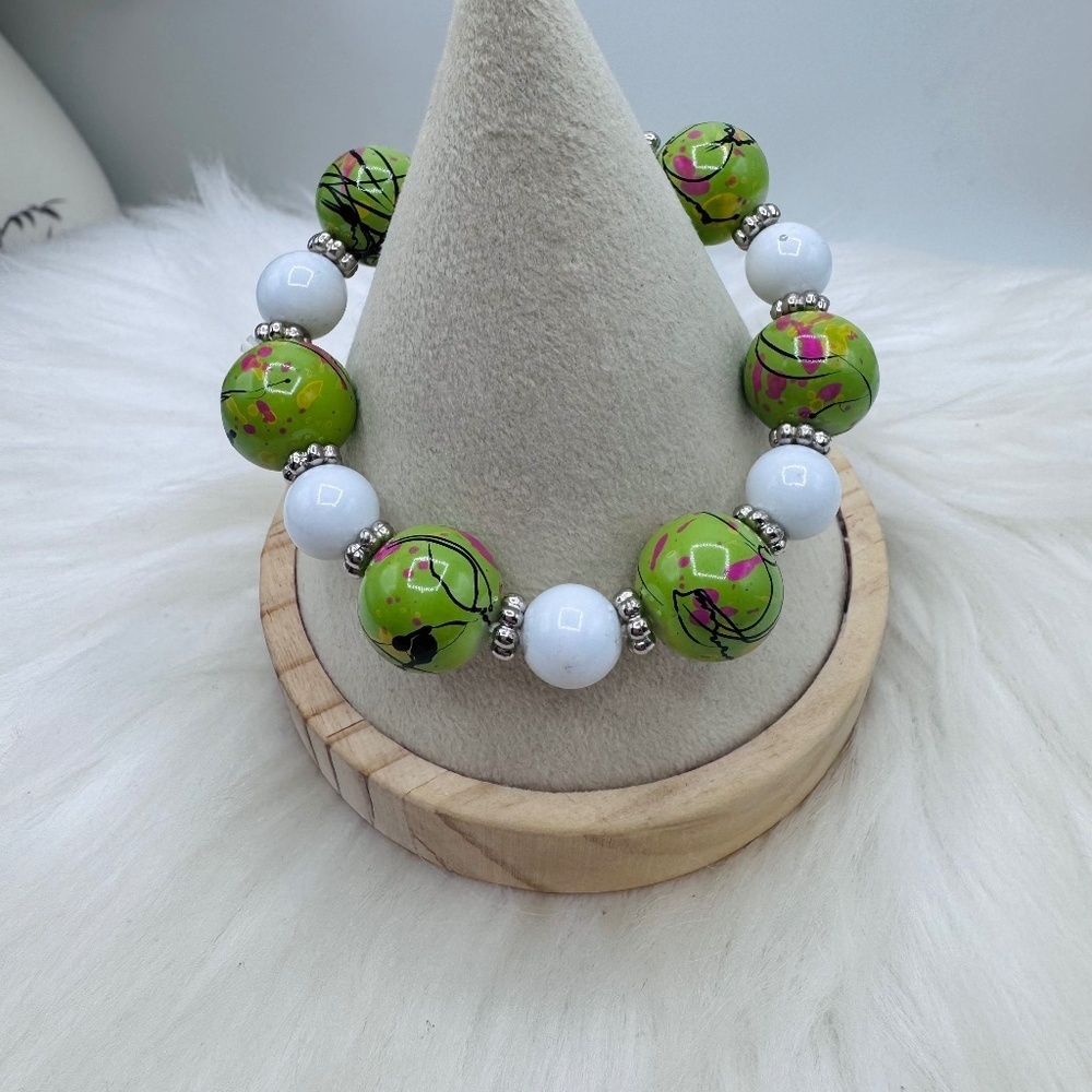 Lime Splash Statement Beaded Bracelet – White Accent Chunky Stretch Jewelry